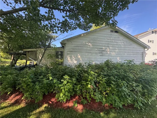 a backyard of a house with plants and large trees