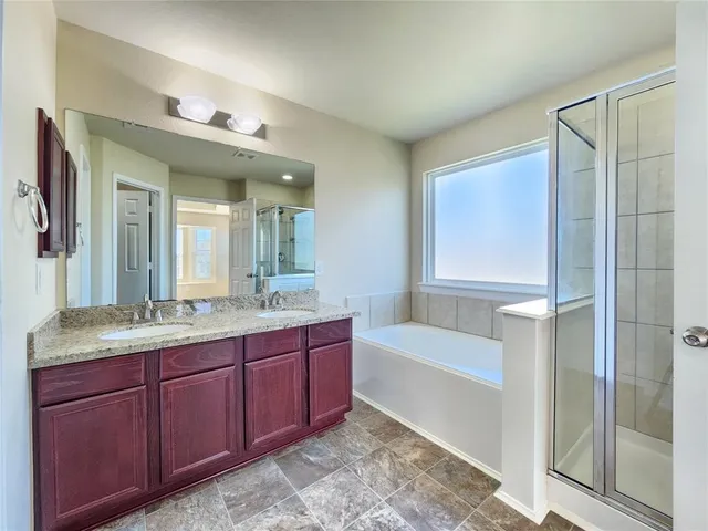 a bathroom with a tub a double vanity sink and mirror
