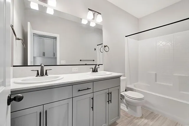 a bathroom with a toilet a sink a mirror a bathtub and vanity