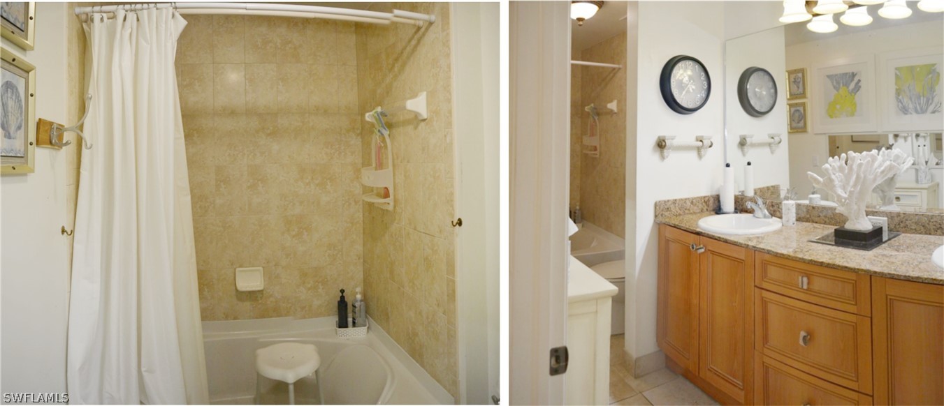 20121 Estero Gardens Circle, Unit 101 Estero, FL 33928 - Photo 16 of 24 a bathroom with a granite countertop sink a mirror and a shower
