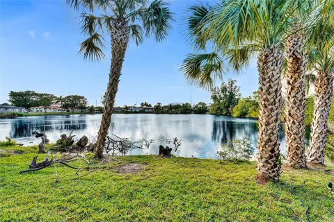 a view of a lake with a big yard and palm trees