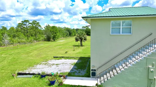 a view of a park with large trees