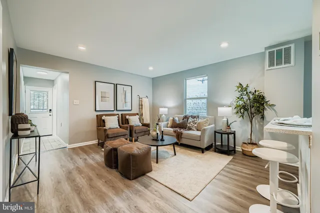 a living room with furniture and a potted plant