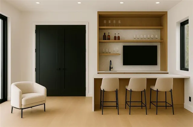 a building outdoor space with patio couches and a fireplace