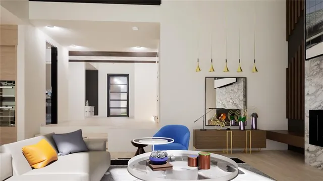 a living room with furniture and large mirror