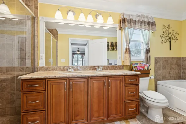 a bathroom with a granite countertop sink a toilet and a mirror