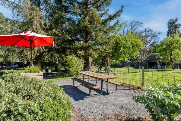 a view of a bench sitting in a yard