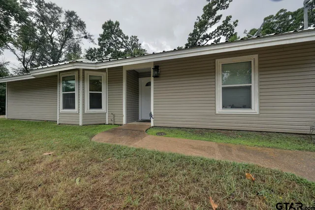 a view of a backyard with plants and large tree