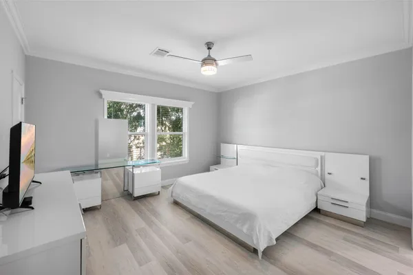 a bedroom with a bed and a flat screen tv