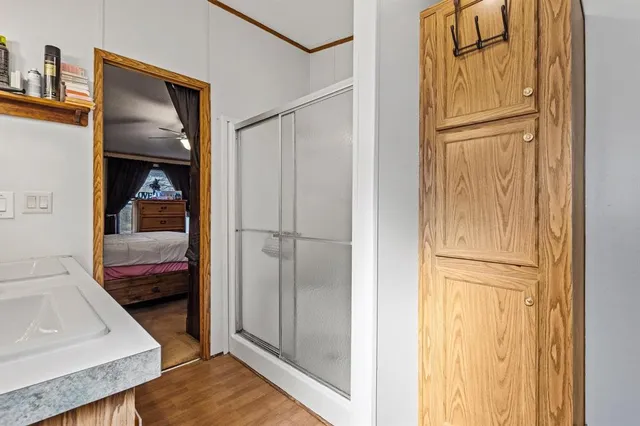 a bedroom with a bed and a walk in closet