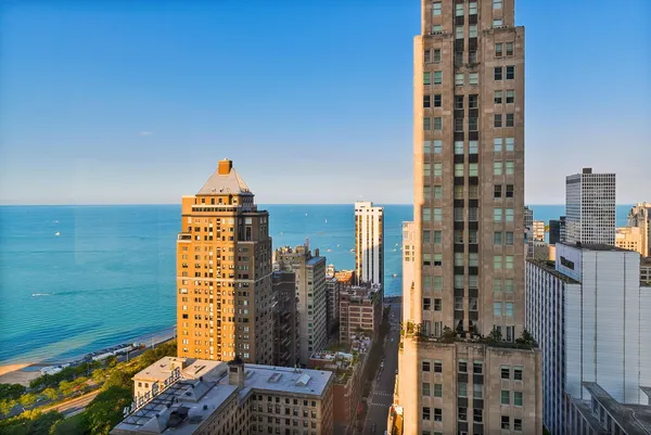 a city view with tall buildings