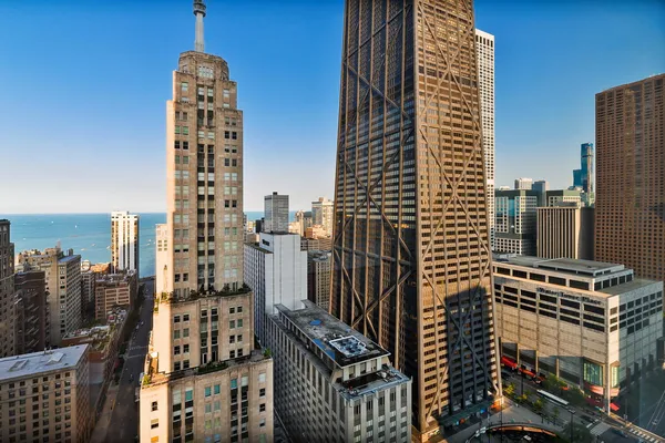 a city view with tall buildings