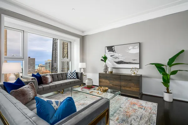 a living room with furniture and a potted plant