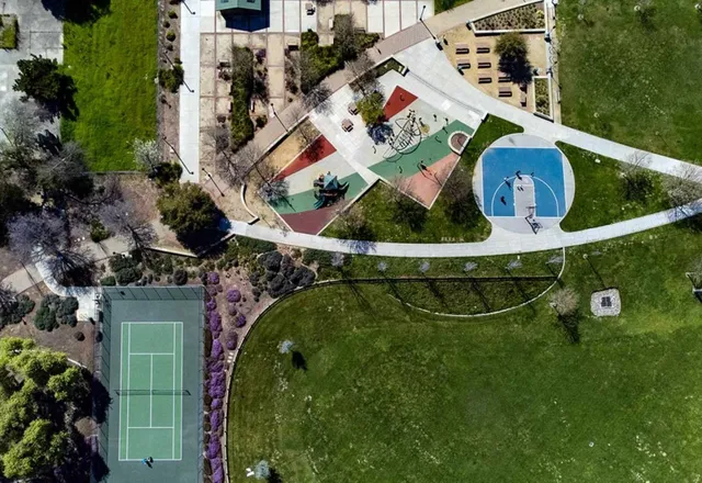 an aerial view of a house with a garden and swimming pool