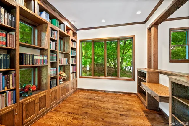 a living room with furniture a fireplace and a floor to ceiling window