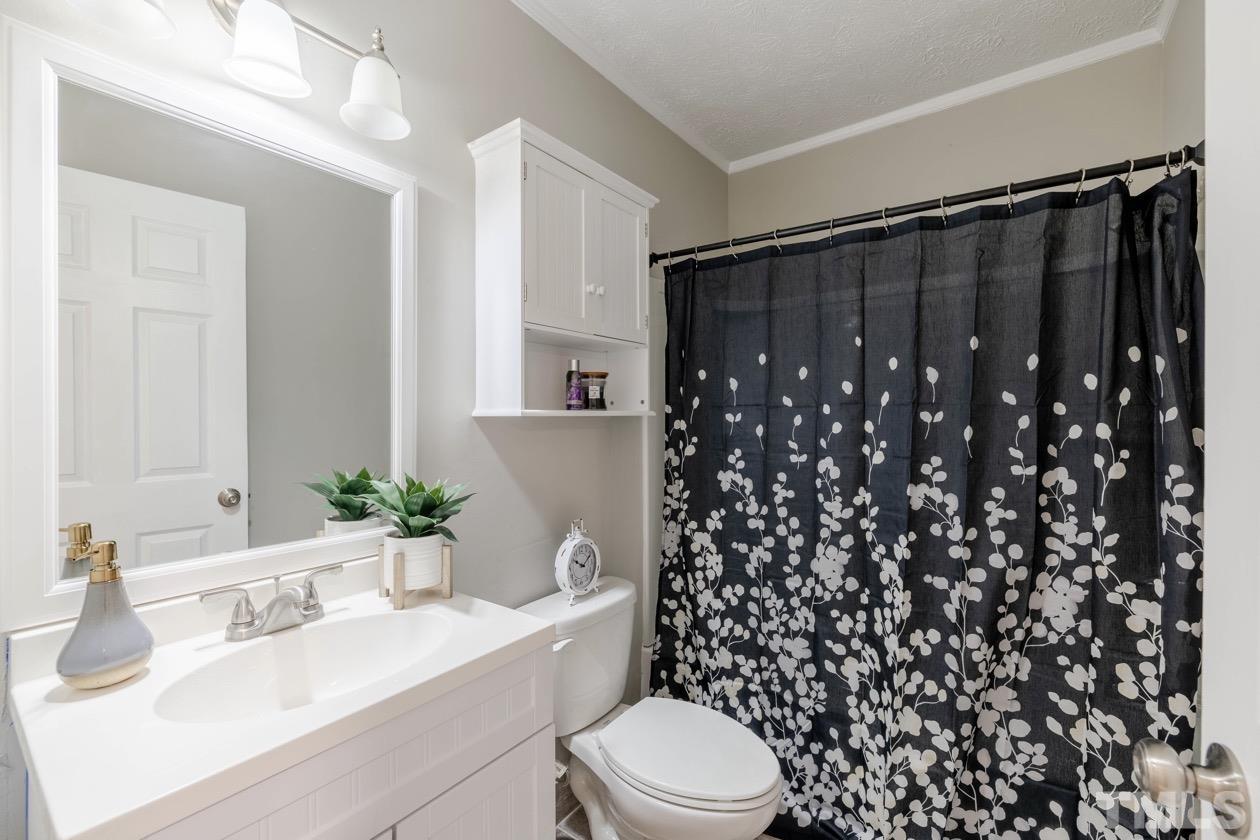 6803 Russell Road Durham, NC 27712 - Photo 15 of 27 a bathroom with a sink a toilet a shower curtain and a large mirror