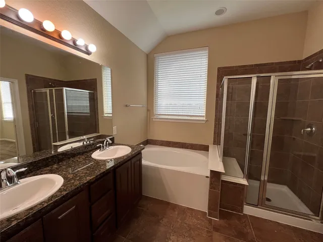 a bathroom with a double vanity sink a tub and a mirror