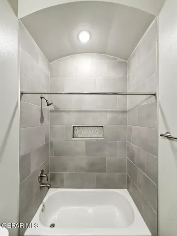 a bathroom with a shower and bathtub