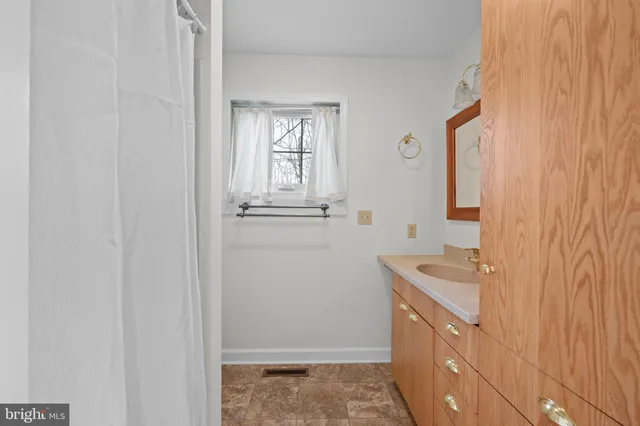 a bathroom with a sink a mirror and a shower