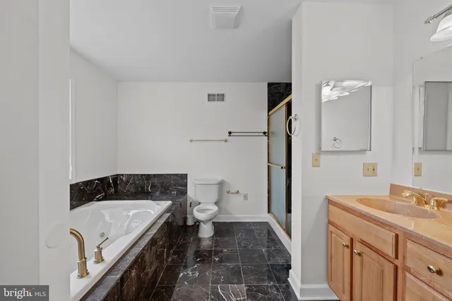 a bathroom with a granite countertop sink toilet and shower