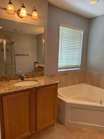 a bathroom with a granite countertop sink and a bathtub