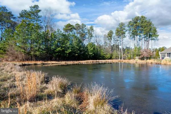 a view of a lake with a yard and trees in the background