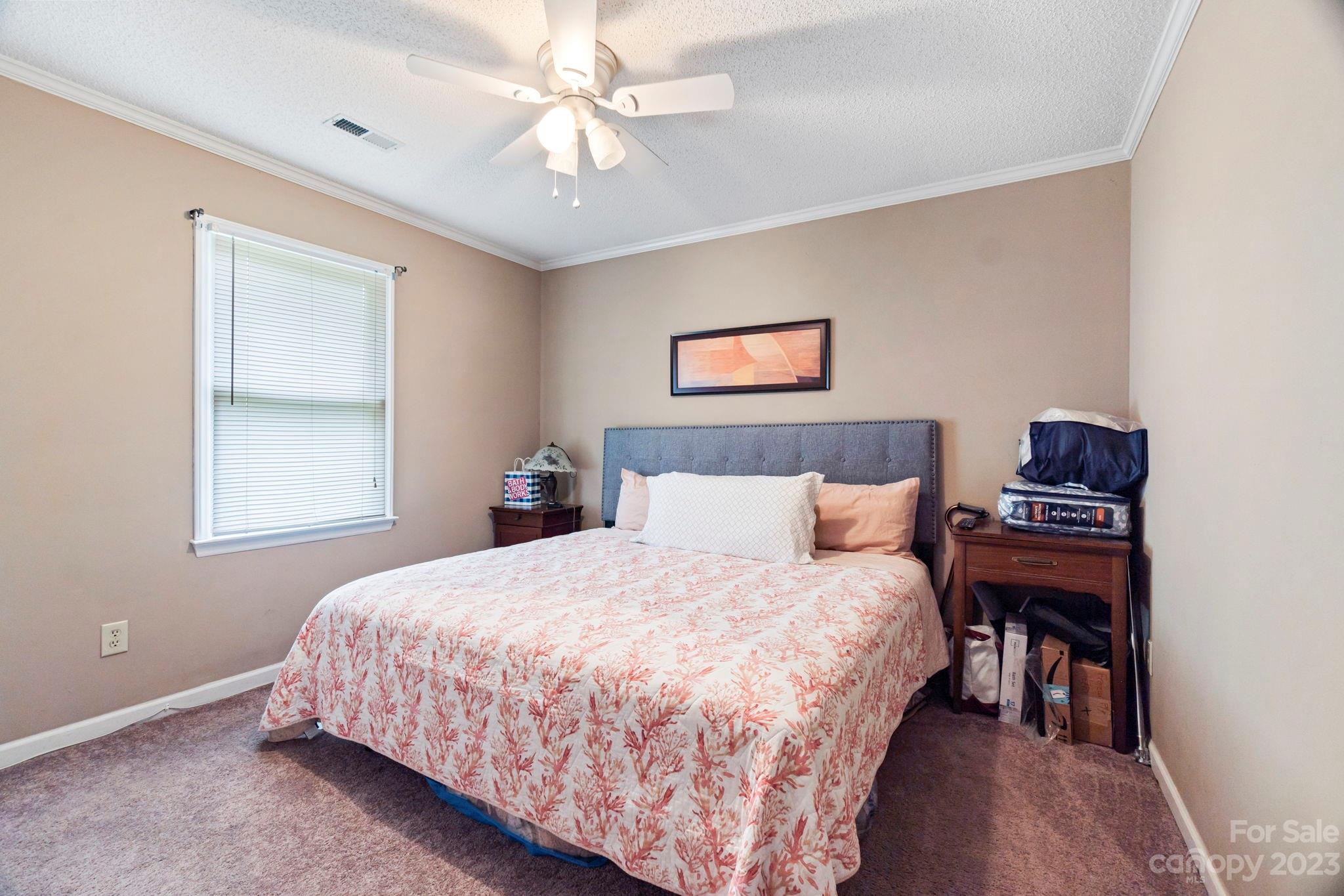 1007 Charcoal Ridge Court Matthews, NC 28105 - Photo 12 of 16 a bedroom with a bed and a chandelier