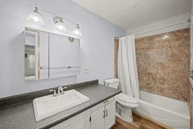 a bathroom with a sink toilet vanity and tub