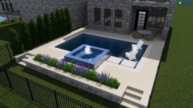 a view of a swimming pool with a garden