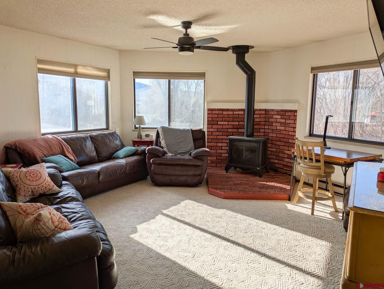39594 Pitkin Road Paonia, CO 81428 - Photo 3 of 35 a living room with furniture large windows and a fireplace