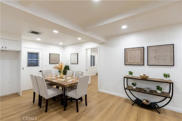 a view of a dining room with furniture