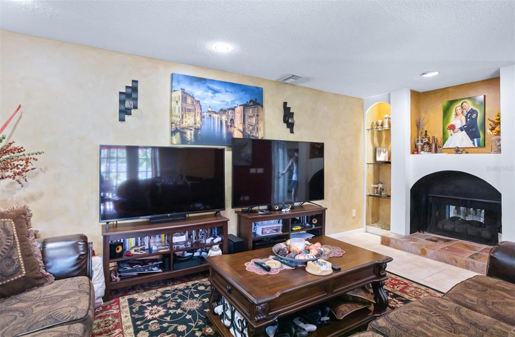 11407 Orilla Del Rio Place Temple Terrace, FL 33617 - Photo 8 of 39 a living room with furniture a flat screen tv and a fireplace