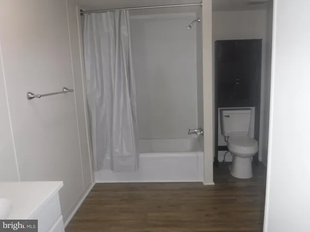 a bathroom with a bathtub and a toilet