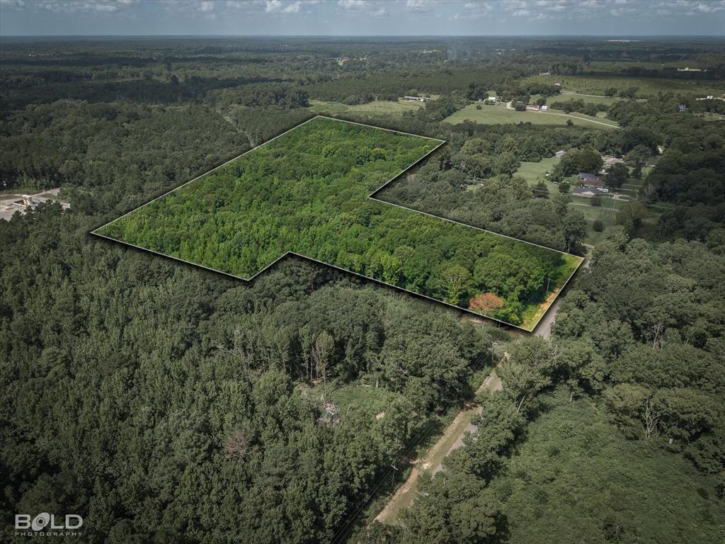 Aerial view of property and surrounding area with a heavily wooded area and property boundaries highlighted