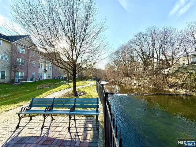 a view of a garden with wooden bench