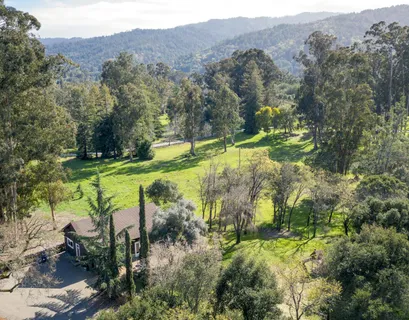 an aerial view of residential houses with outdoor space and trees