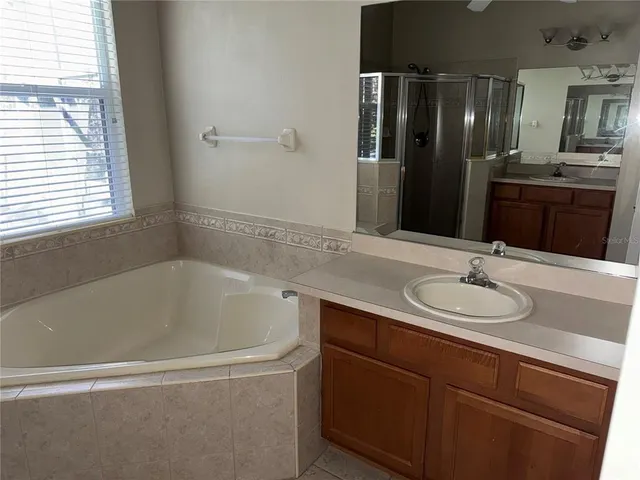 a bathroom with a bathtub and a sink