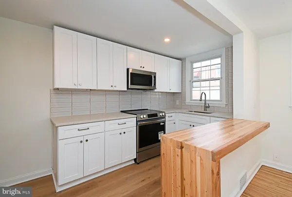 a kitchen with a stove and a microwave
