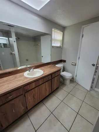 a bathroom with a sink a toilet and mirror