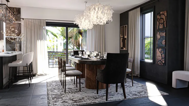 a view of a dining room with furniture window and outside view