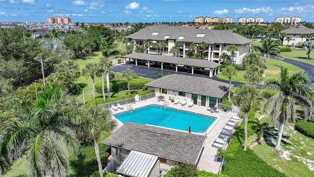 an aerial view of a house with a outdoor space