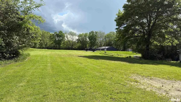 a view of a field with trees in the background