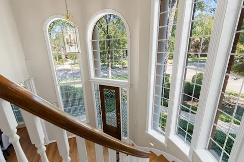 a view of a room with windows