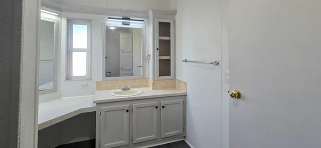 a bathroom with a sink and a mirror