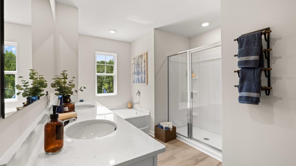81 Buckthorn Way Dallas, GA 30132 - Photo 15 of 33 a bathroom with a granite countertop sink a mirror and shower