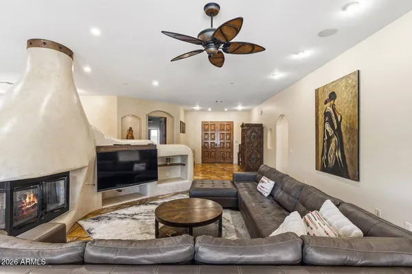 a view of a dining room with furniture