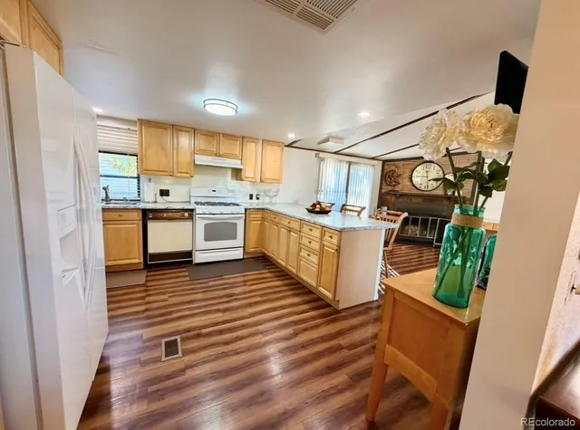 a kitchen with stainless steel appliances granite countertop a sink a stove top oven a refrigerator and dishwasher with wooden floor