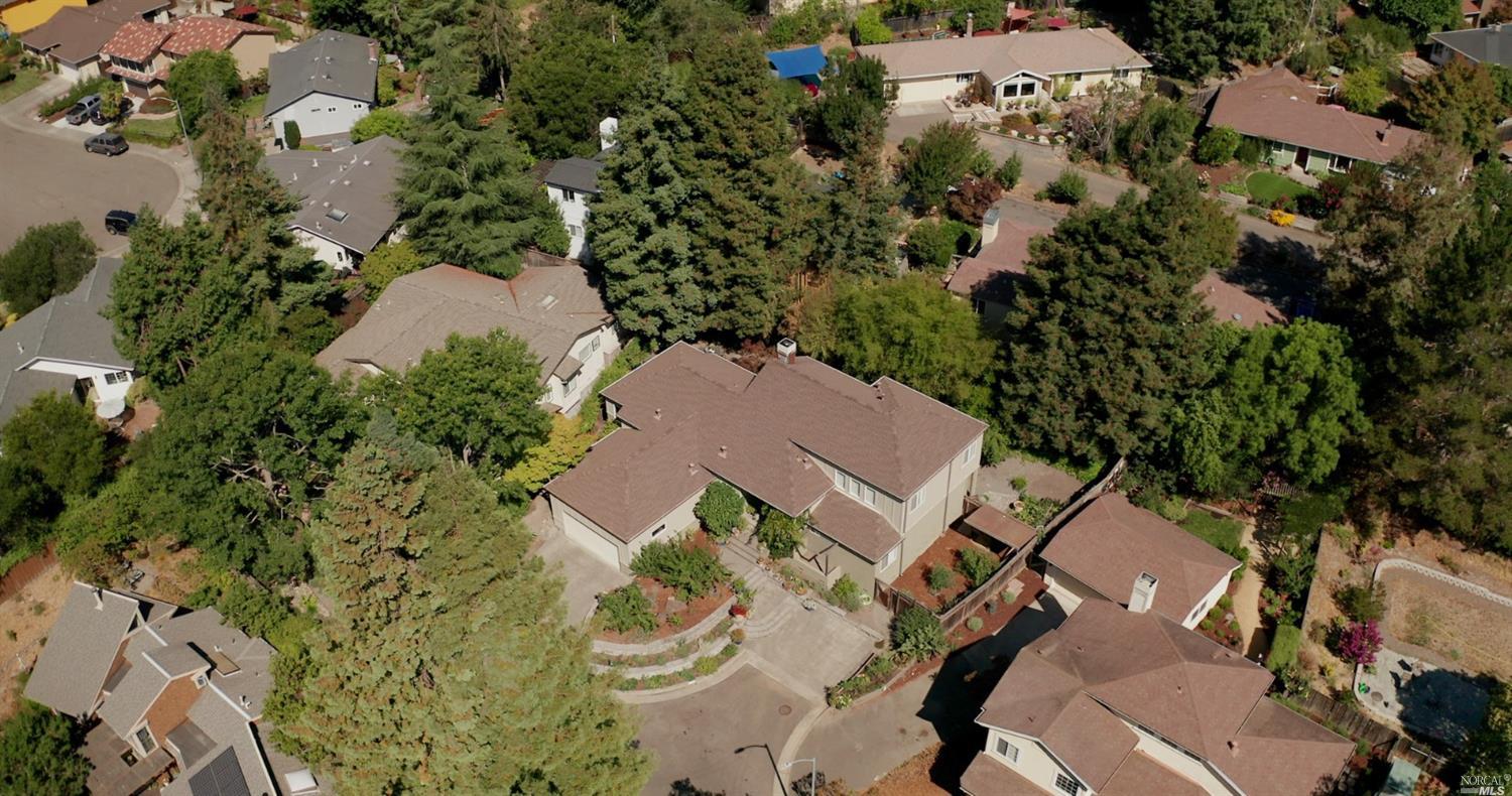 an aerial view of a house with a yard and potted plants