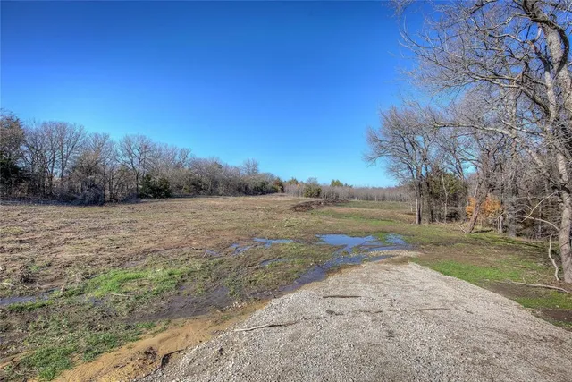 a view of dirt field with trees in background