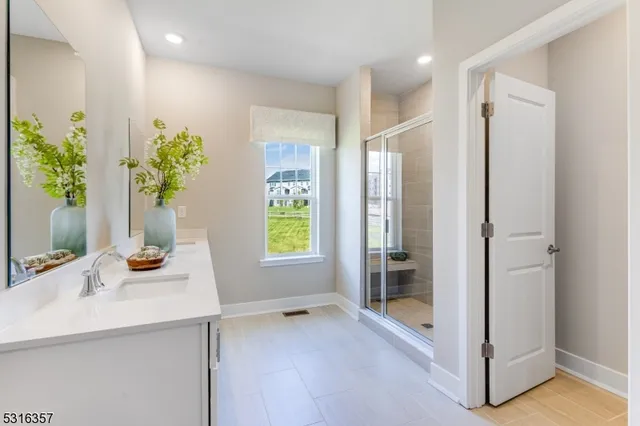 a bathroom with a sink a mirror and a shower